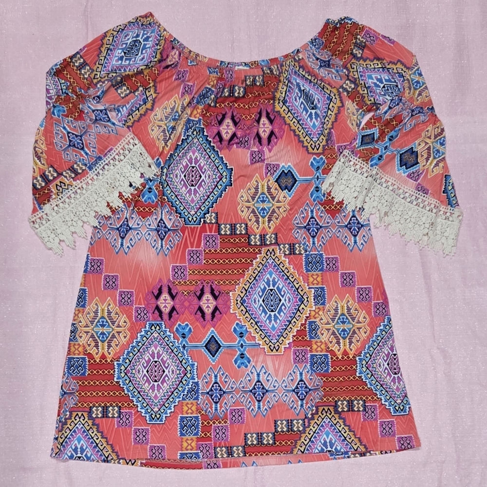 Women’s Coral Pink Aztec Midi Dress with Lace Trim